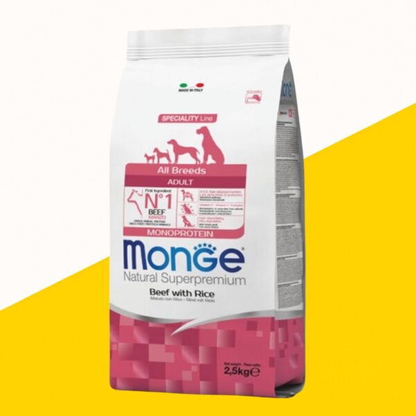 MONGE מונג 12 ק"ג מזון יבש לכלב בוגר בטעם בקר ואורז